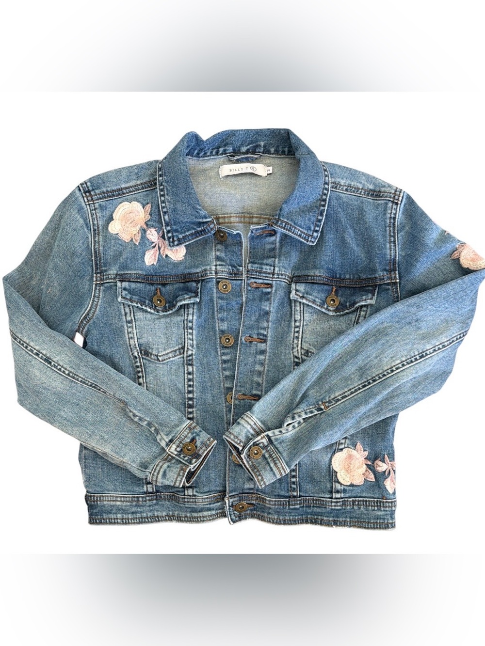 BILLY T- Classic Embroidered Denim Jacket with🌹 Pink Floral Accents - Picture 3 of 9
